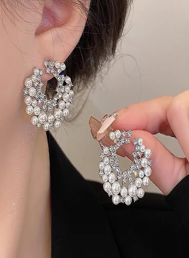 Uarein Trendy Pearl Earring for Women Dainty 14K Gold Cubic Zirconia Pearl Drop Earrings Chunky Statement Earrings Vintage Wedding Banquet Jewelry Presents (Silver) - Image 2